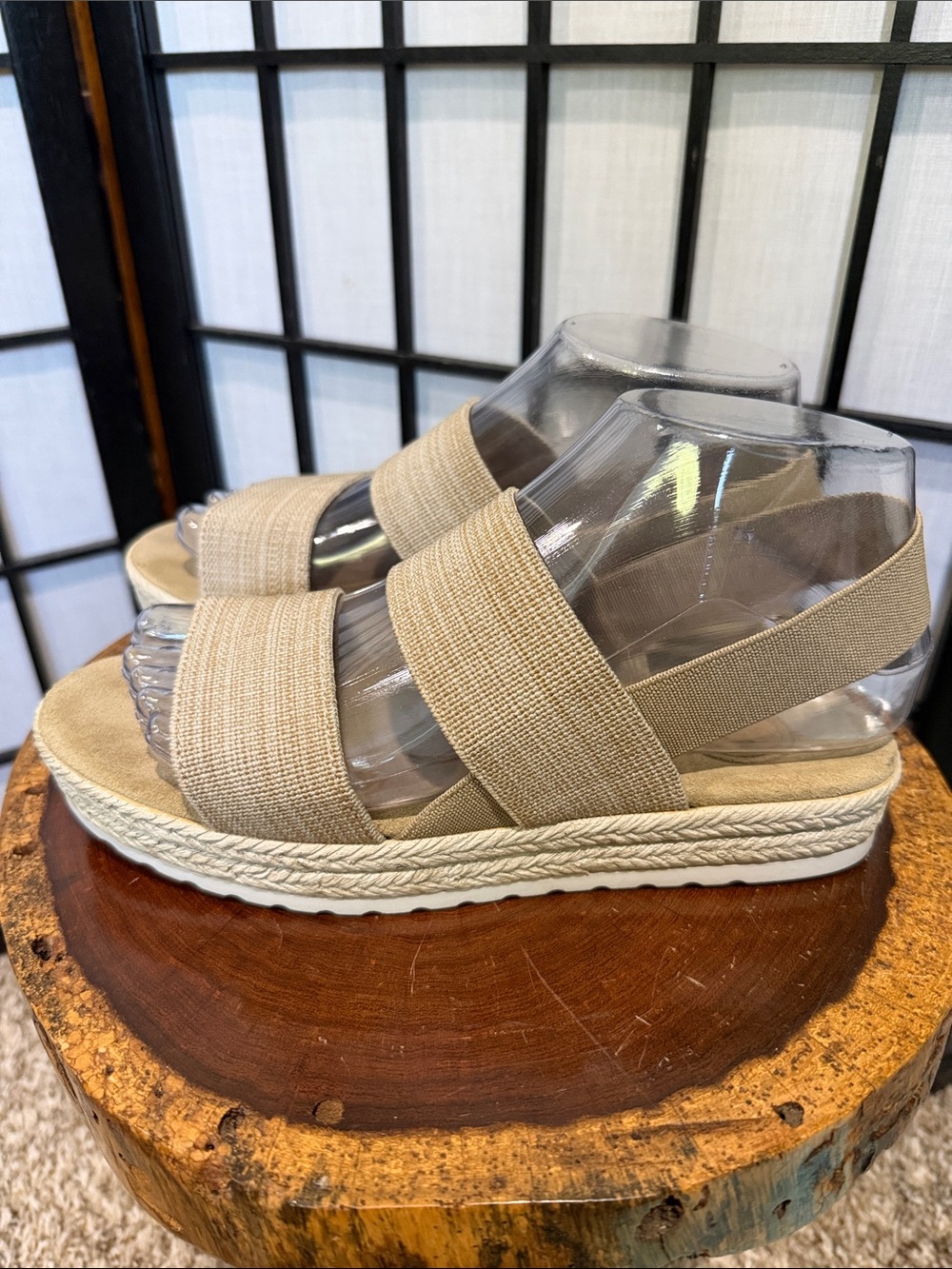 CHARLESTON SHOE CO. Tan Elastic Strap Espadrille Platform Sandals